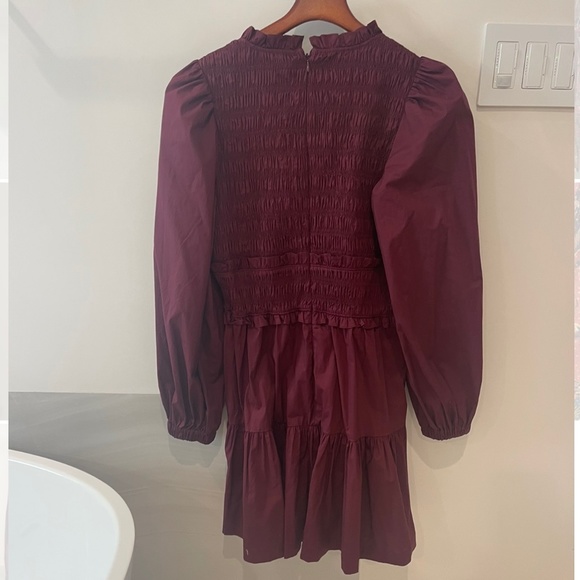 Sea NYC Gaia smocked Burgundy v neck mini dress - Picture 4 of 5